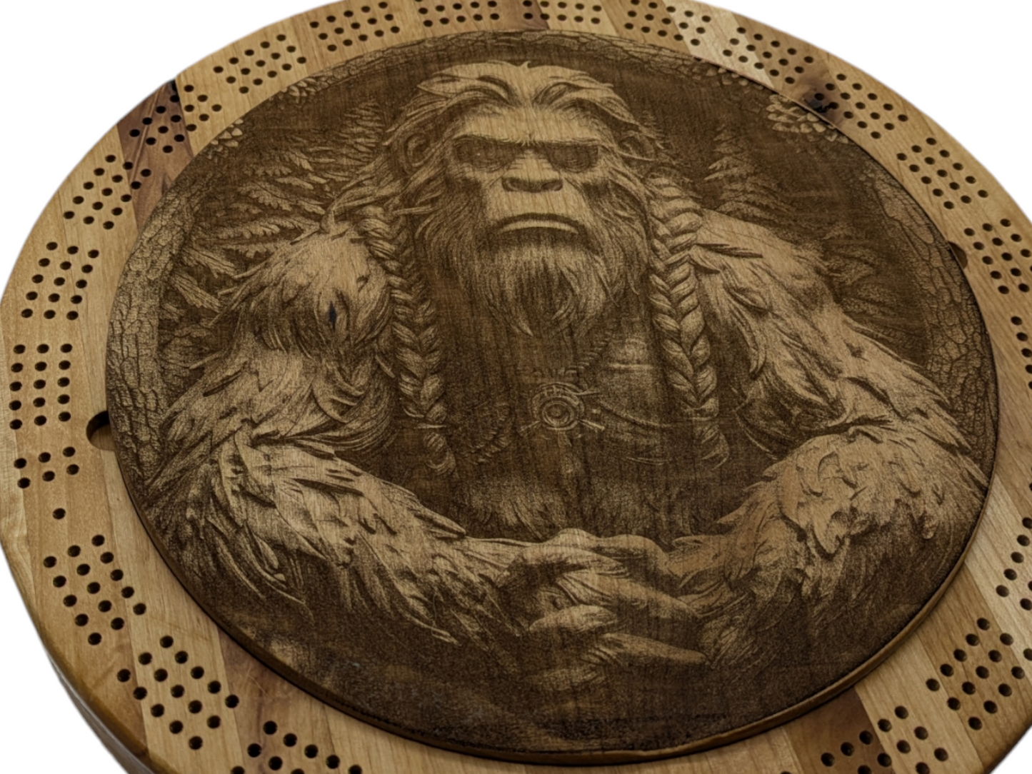 Large Round Hickory Cribbage Board with Center Lid and Sasquatch Etching - 12.5" Diameter, 2" Tall - Includes Playing Cards and Pegs