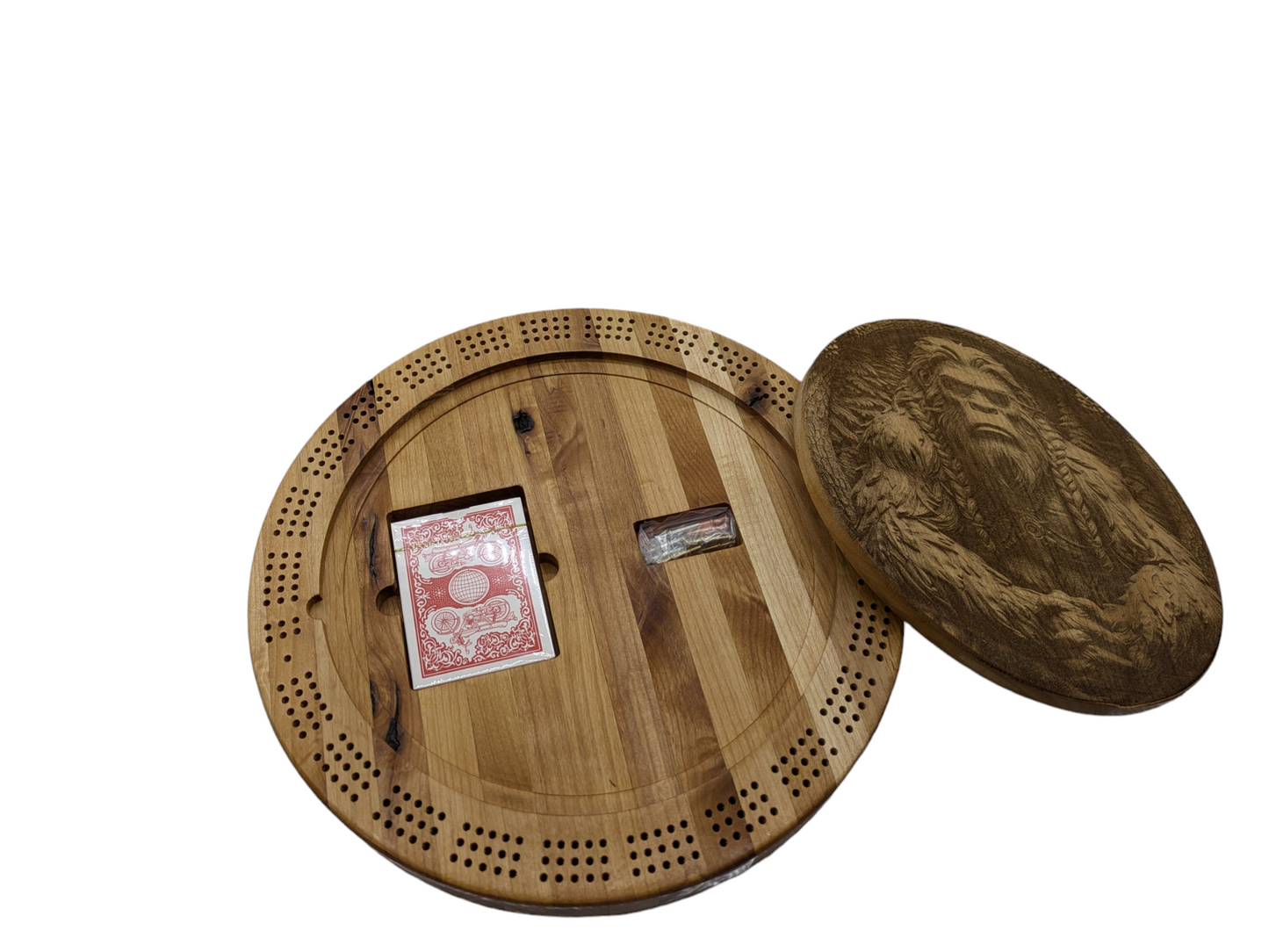 Large Round Hickory Cribbage Board with Center Lid and Sasquatch Etching - 12.5" Diameter, 2" Tall - Includes Playing Cards and Pegs