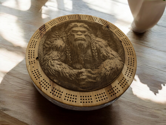 Large Round Hickory Cribbage Board with Center Lid and Sasquatch Etching - 12.5" Diameter, 2" Tall - Includes Playing Cards and Pegs