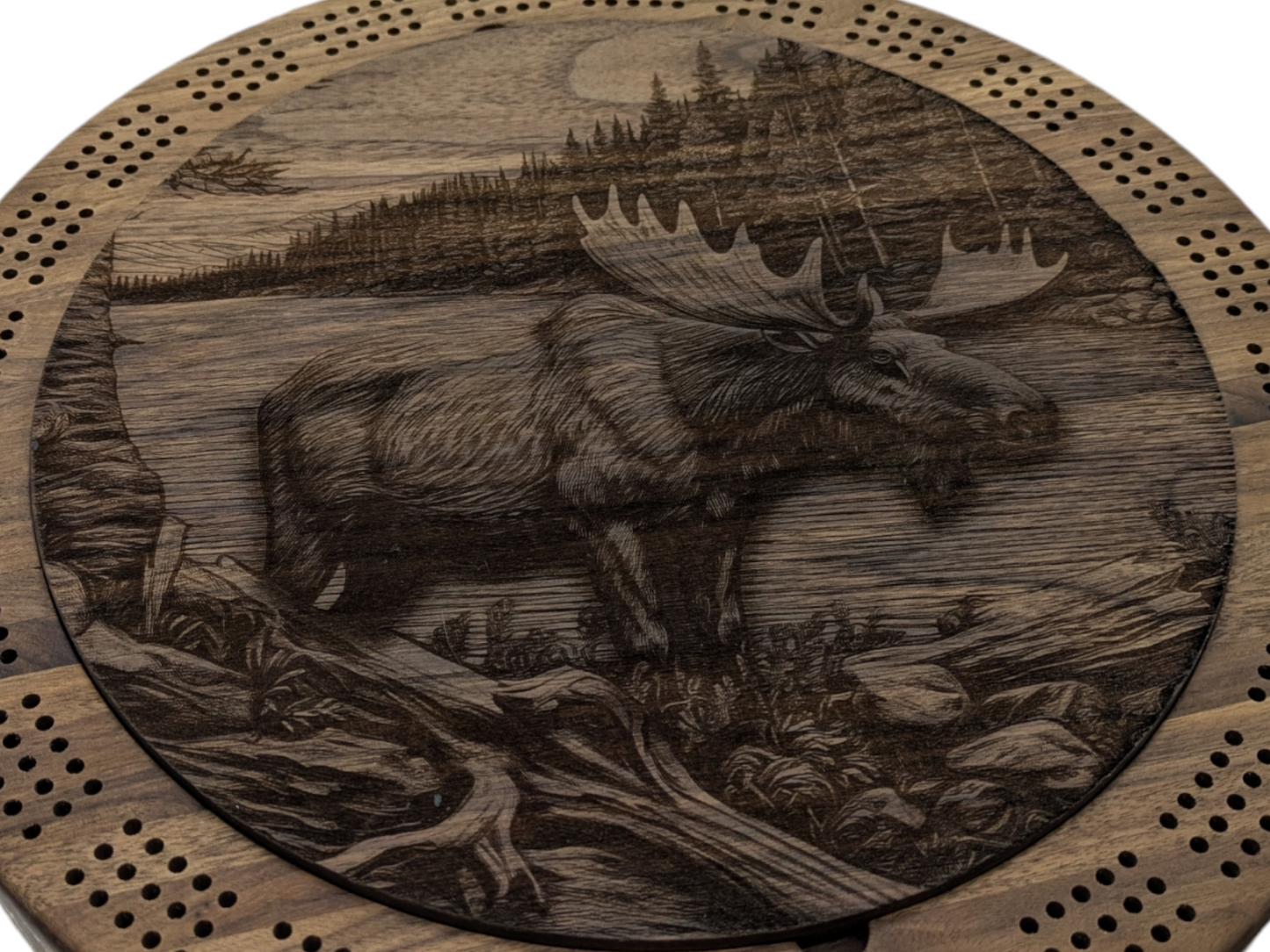 Large Round Hickory Cribbage Board with Center Lid and Sasquatch Etching - 12.5" Diameter, 2" Tall - Includes Playing Cards and Pegs