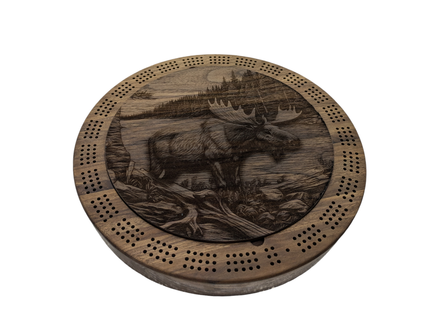 Large Round Black Walnut Cribbage Board with Center Lid and Moose Landscape Etching - 12.5" Diameter, 2" Tall - Includes Playing Cards and Pegs