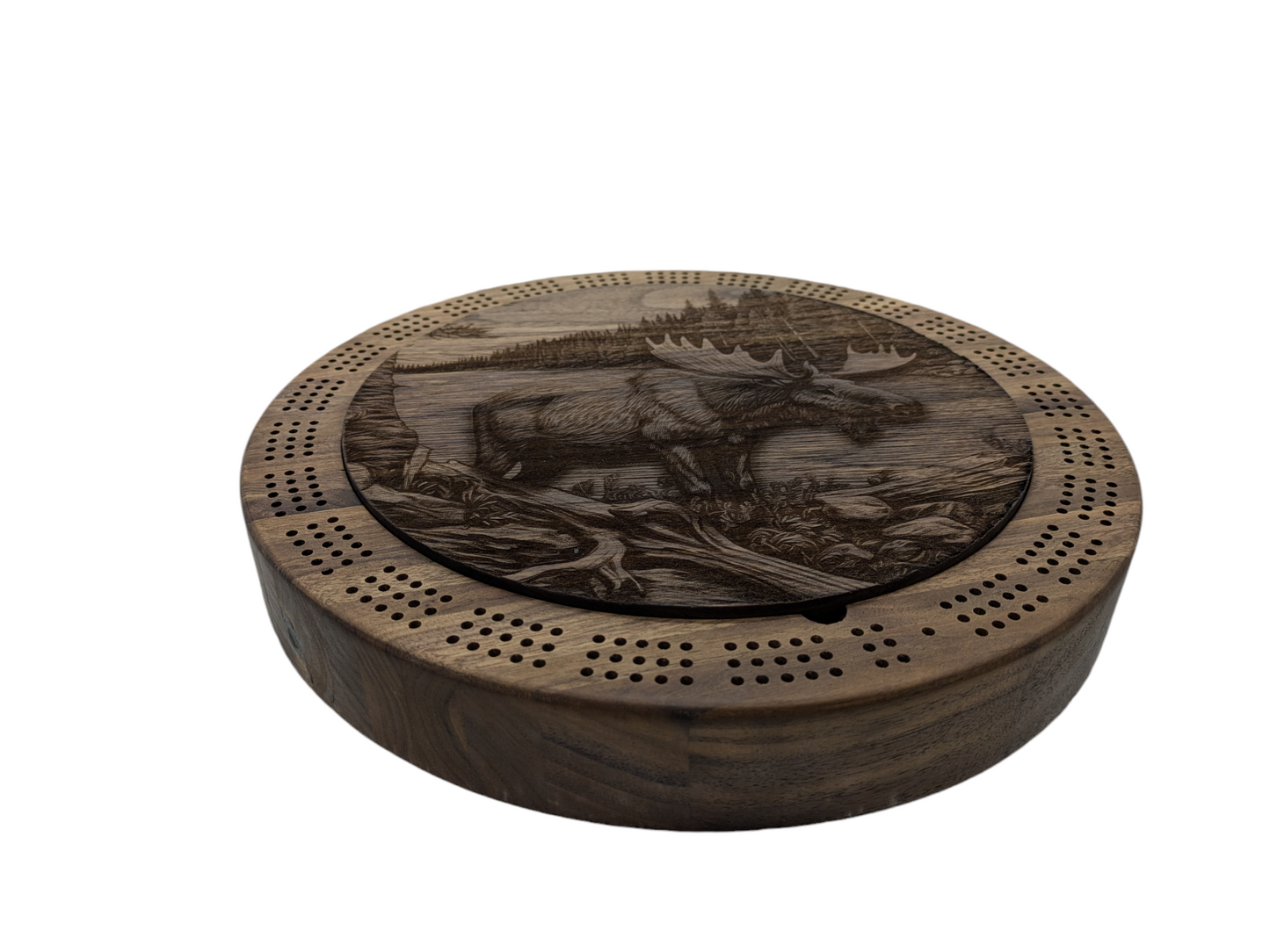 Large Round Black Walnut Cribbage Board with Center Lid and Moose Landscape Etching - 12.5" Diameter, 2" Tall - Includes Playing Cards and Pegs