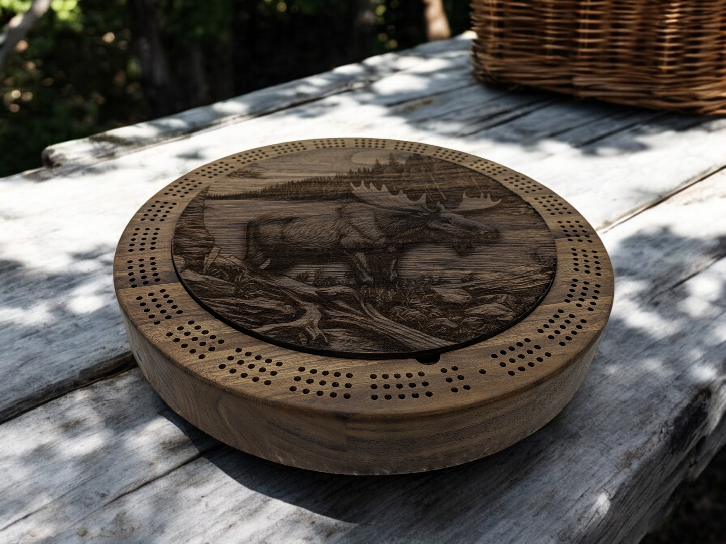 Large Round Black Walnut Cribbage Board with Center Lid and Moose Landscape Etching - 12.5" Diameter, 2" Tall - Includes Playing Cards and Pegs