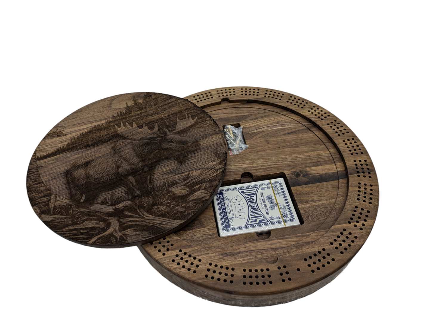 Large Round Hickory Cribbage Board with Center Lid and Sasquatch Etching - 12.5" Diameter, 2" Tall - Includes Playing Cards and Pegs