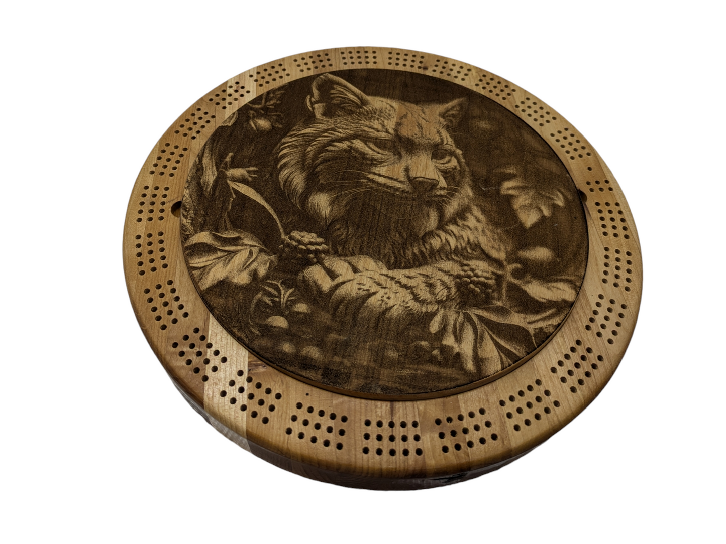 Large Round Hickory Cribbage Board with Center Lid and Bobcat Etching - 12.5" Diameter, 2" Tall - Includes Playing Cards and Pegs