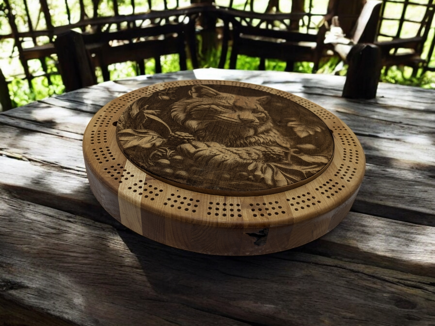 Large Round Hickory Cribbage Board with Center Lid and Bobcat Etching - 12.5" Diameter, 2" Tall - Includes Playing Cards and Pegs