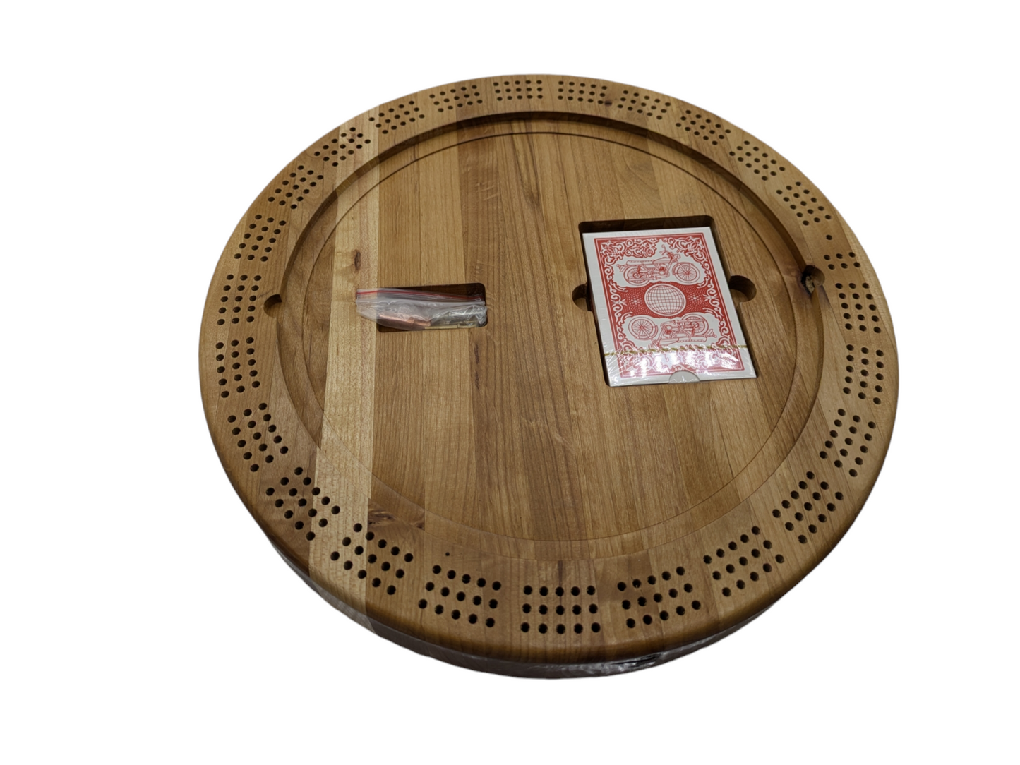 Large Round Hickory Cribbage Board with Center Lid and Bobcat Etching - 12.5" Diameter, 2" Tall - Includes Playing Cards and Pegs