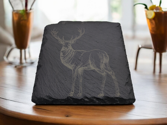 Set of 4 Slate Coasters with Etched Buck Deer - 4x4x0.25 Inch - Handmade Slate Drink Coasters