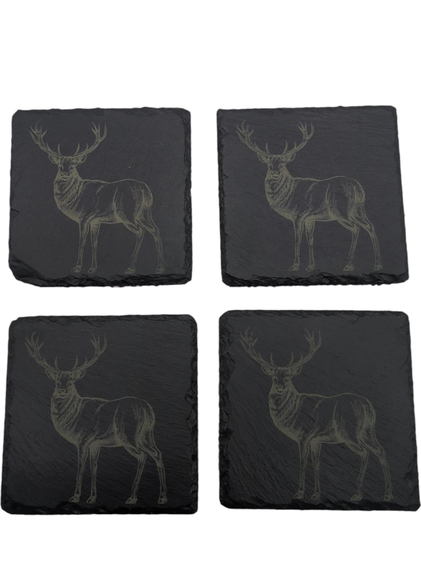 Set of 4 Slate Coasters with Etched Buck Deer - 4x4x0.25 Inch - Handmade Slate Drink Coasters