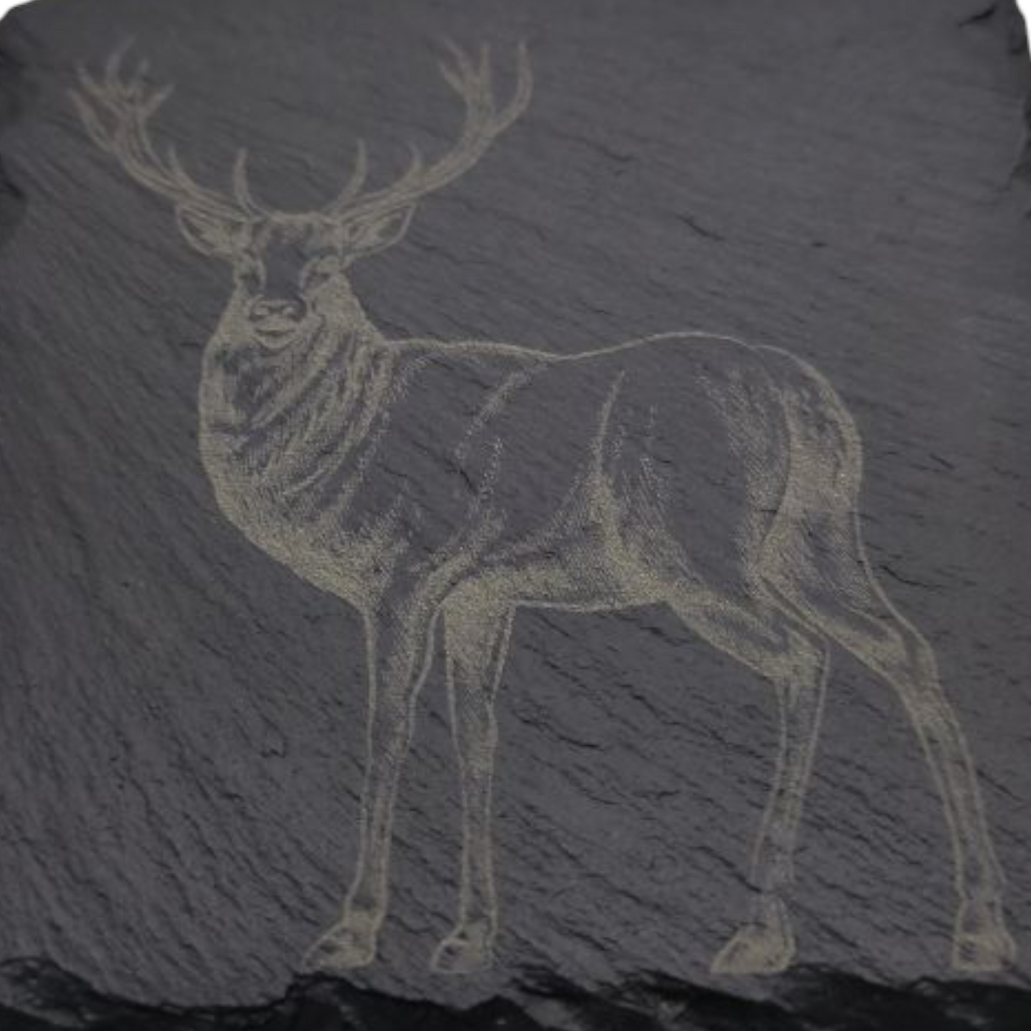 Set of 4 Slate Coasters with Etched Buck Deer - 4x4x0.25 Inch - Handmade Slate Drink Coasters