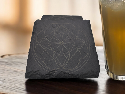 Set of 4 Slate Coasters with Etched Flower of Life Geometric Symbol - 4x4x0.25 Inch - Handmade Slate Coasters