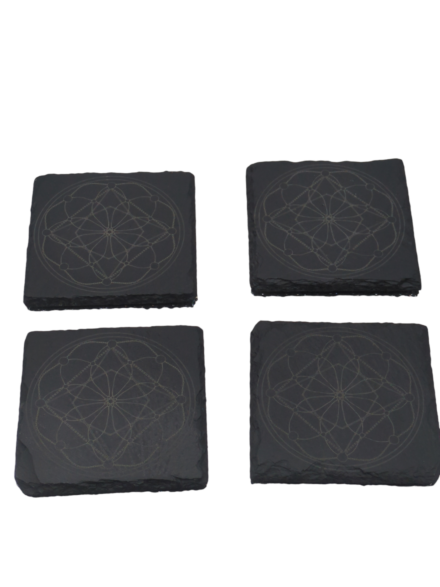 Set of 4 Slate Coasters with Etched Flower of Life Geometric Symbol - 4x4x0.25 Inch - Handmade Slate Coasters