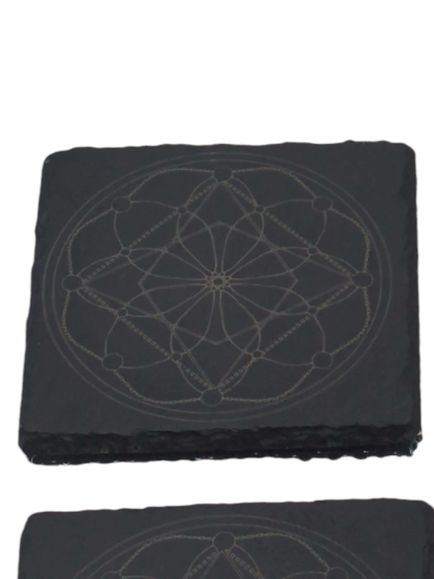 Set of 4 Slate Coasters with Etched Flower of Life Geometric Symbol - 4x4x0.25 Inch - Handmade Slate Coasters