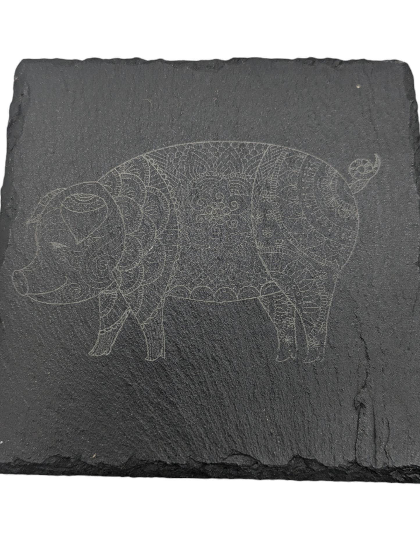 Set of 4 Slate Coasters with Etched Pig and Intricate Pattern - 4x4x0.25 Inch - Handmade Slate Coasters