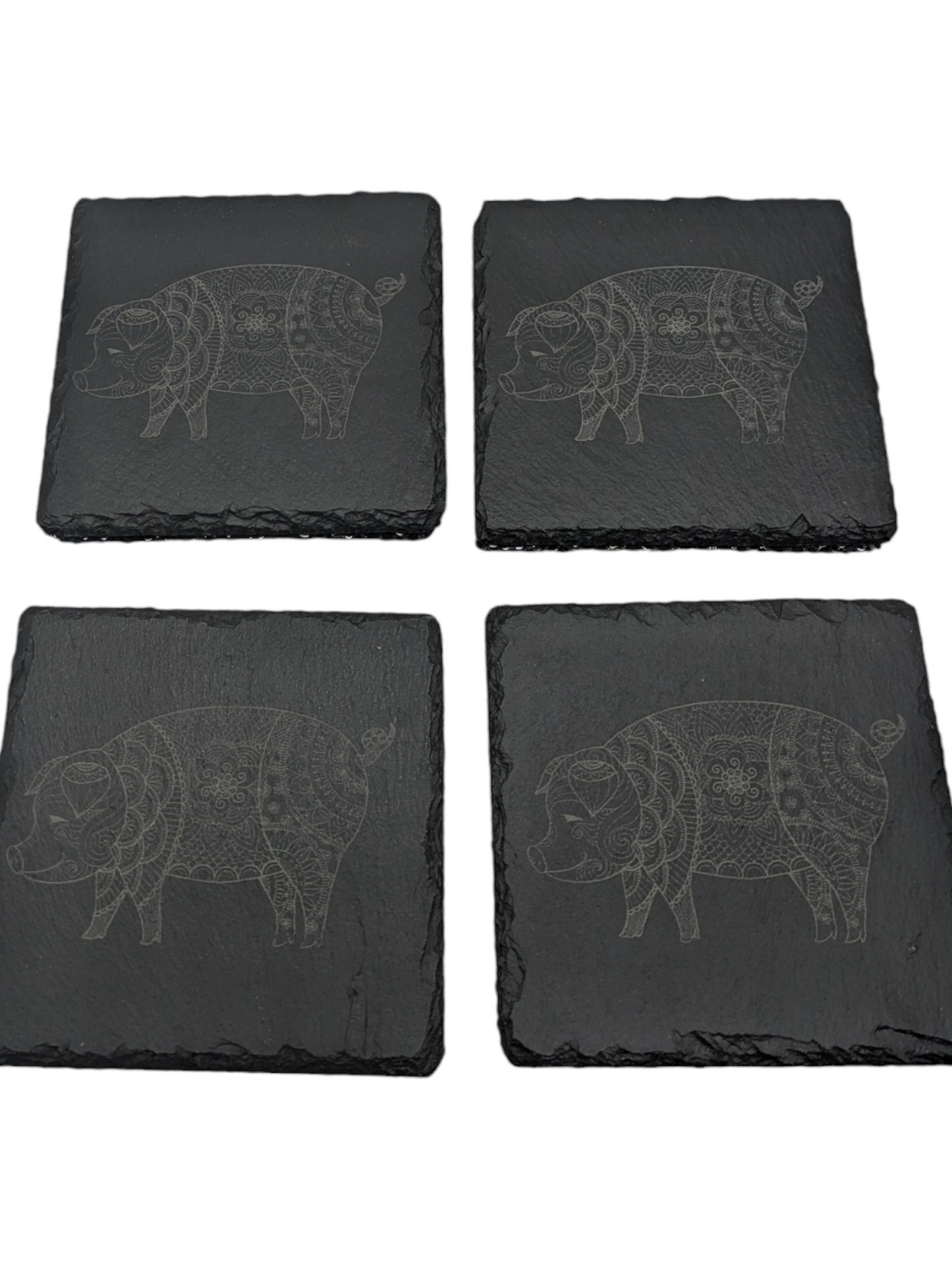 Set of 4 Slate Coasters with Etched Pig and Intricate Pattern - 4x4x0.25 Inch - Handmade Slate Coasters