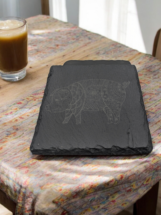 Set of 4 Slate Coasters with Etched Pig and Intricate Pattern - 4x4x0.25 Inch - Handmade Slate Coasters