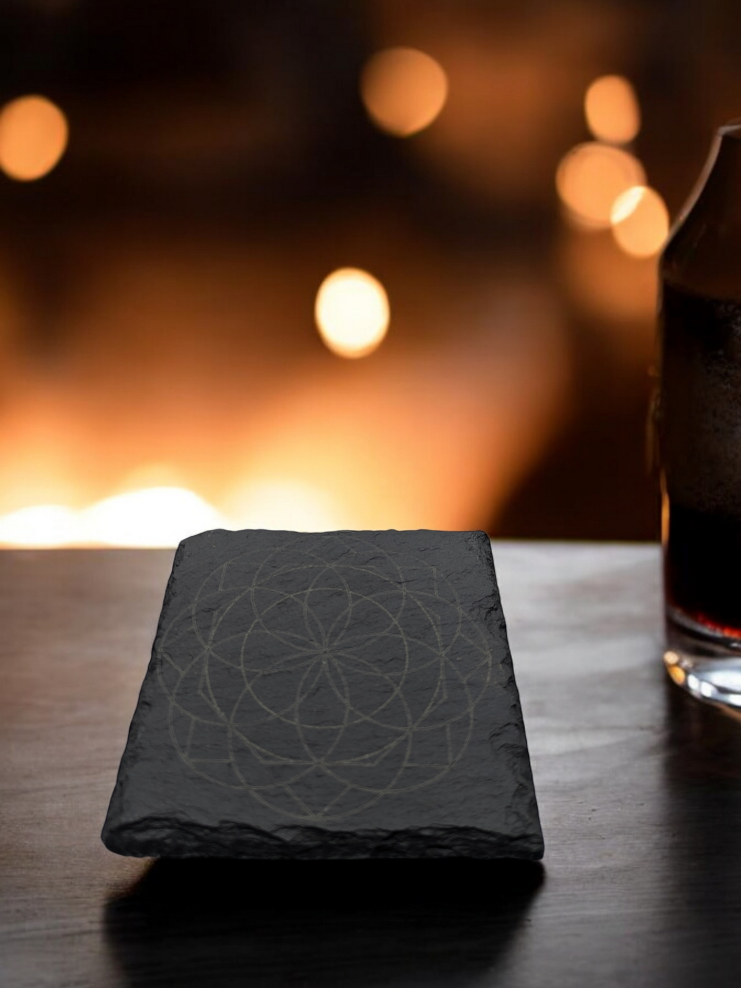 Set of 4 Slate Coasters with Etched Seed of Life Geometric Pattern - 4x4x0.25 Inch - Handmade Slate Coasters