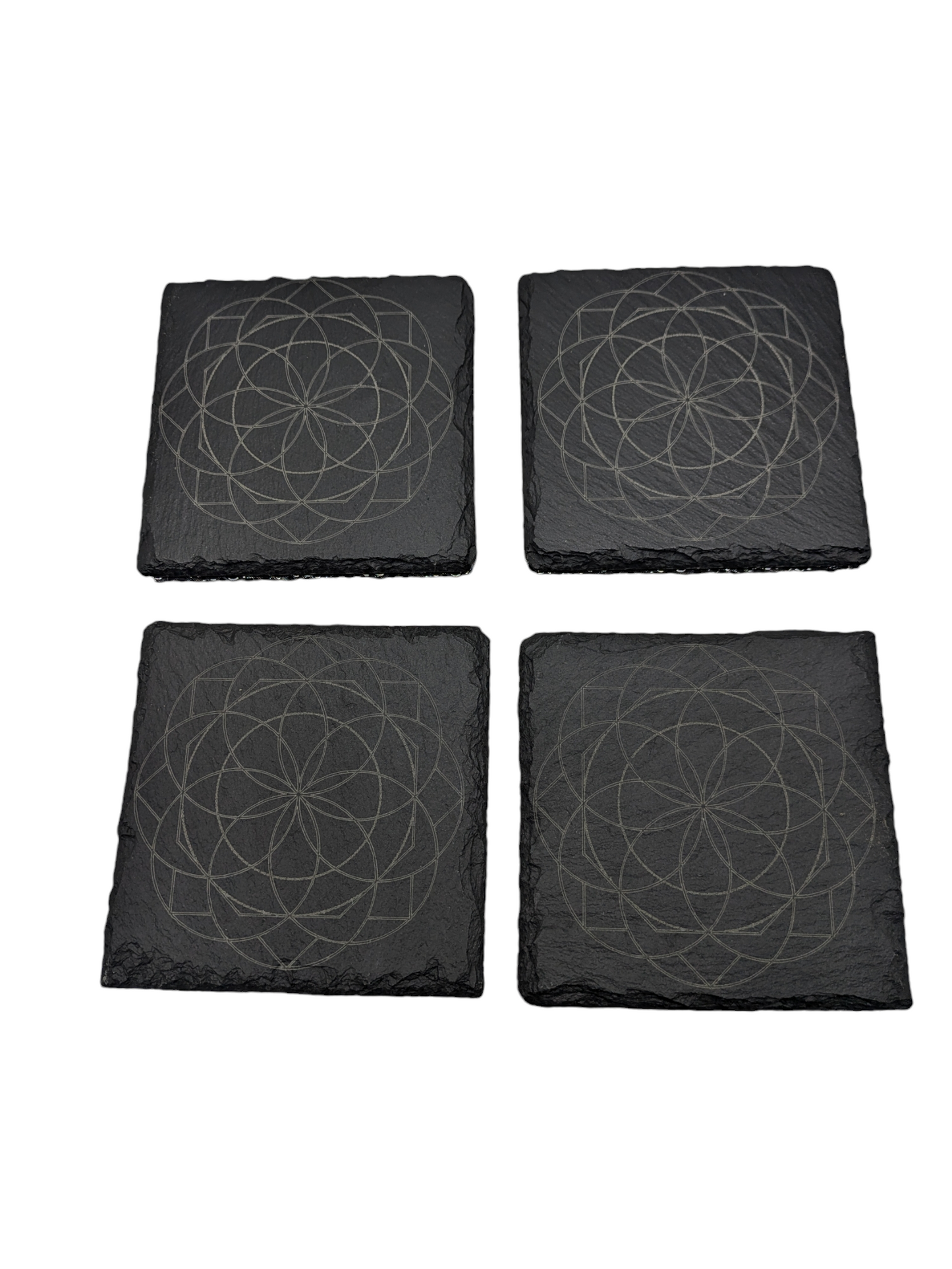 Set of 4 Slate Coasters with Etched Seed of Life Geometric Pattern - 4x4x0.25 Inch - Handmade Slate Coasters