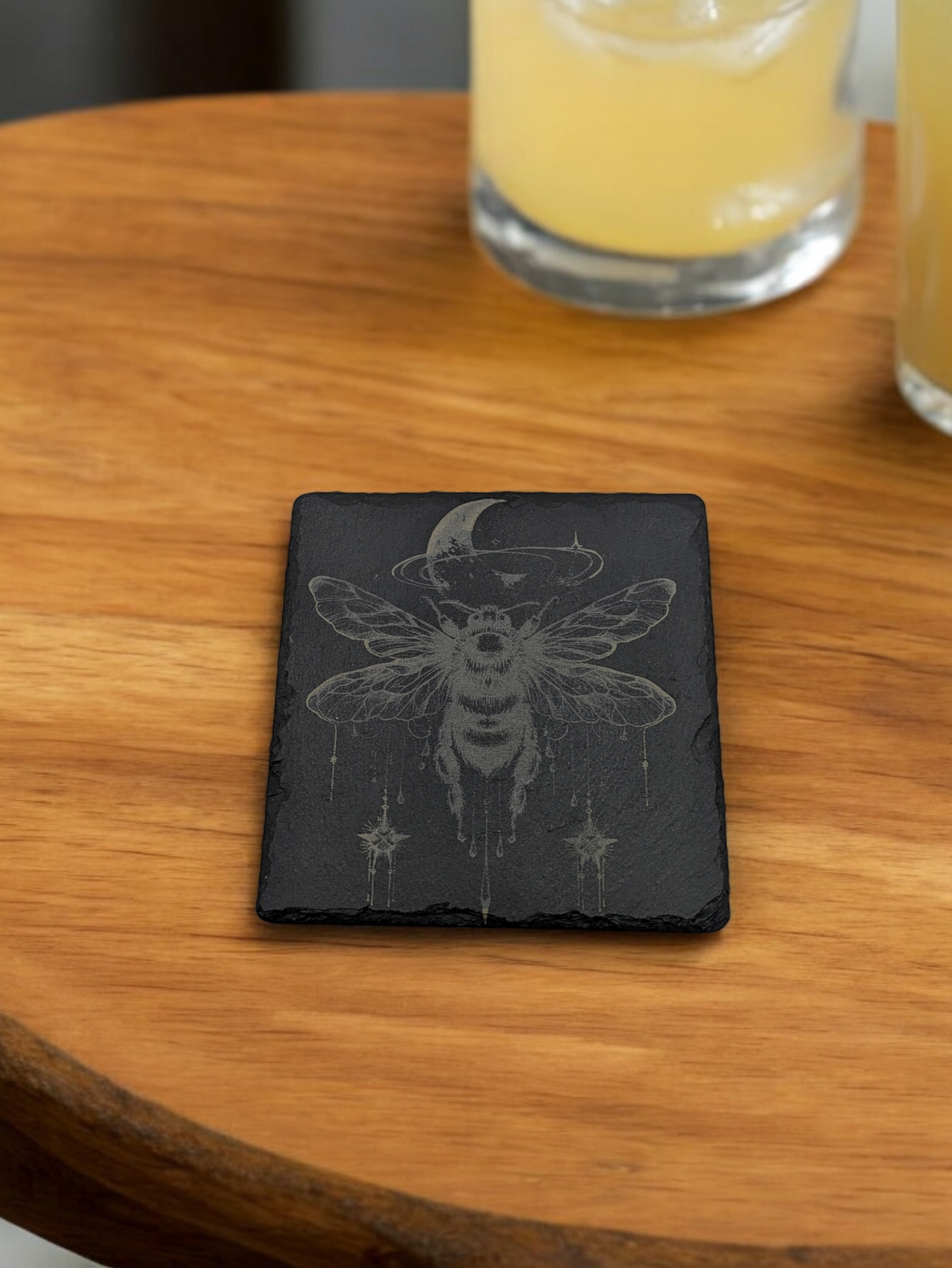 Set of 4 Slate Coasters with Etched Bee in Flight Design - 4x4x0.25 Inch - Handmade Slate Coasters