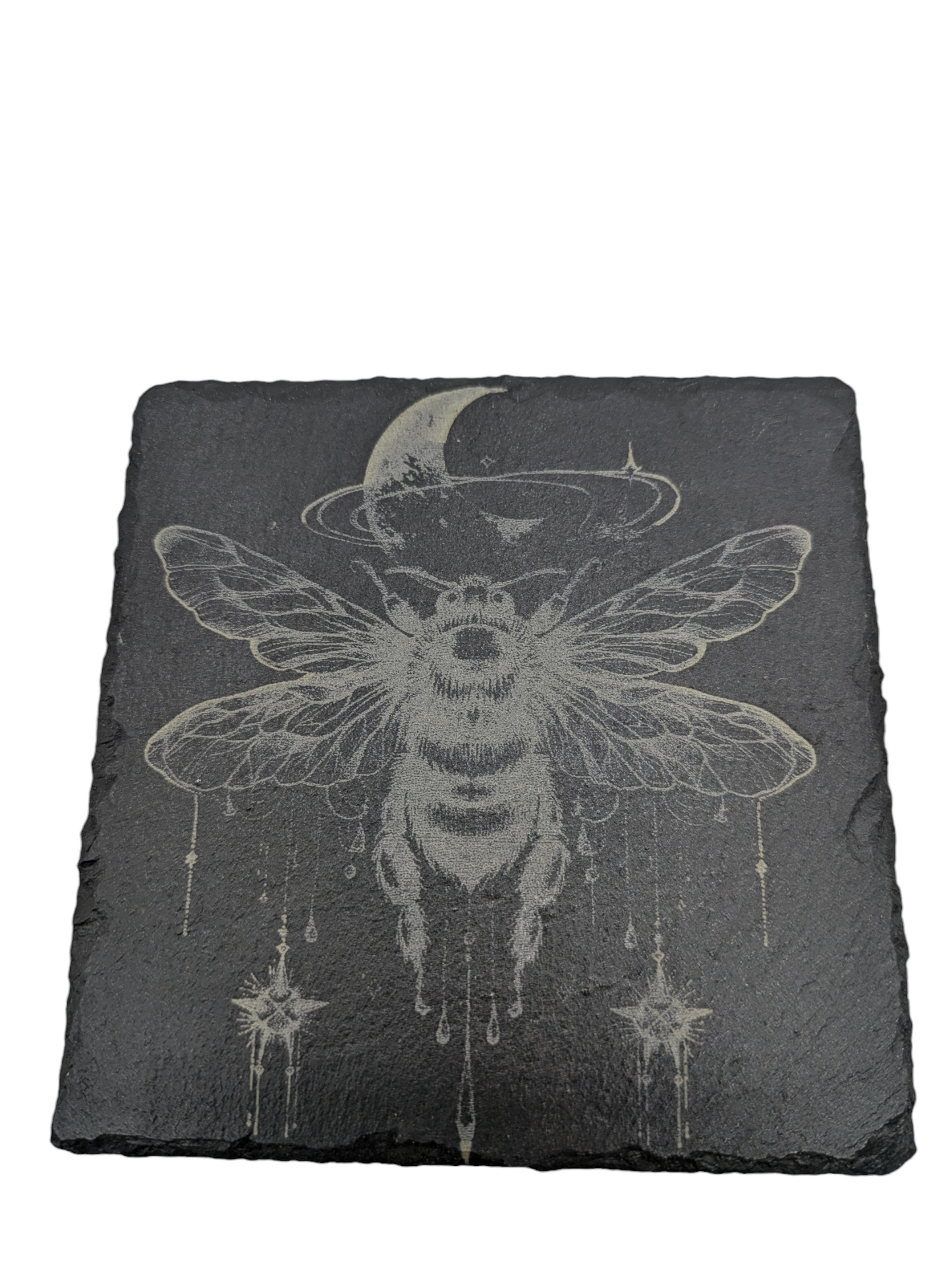 Set of 4 Slate Coasters with Etched Bee in Flight Design - 4x4x0.25 Inch - Handmade Slate Coasters