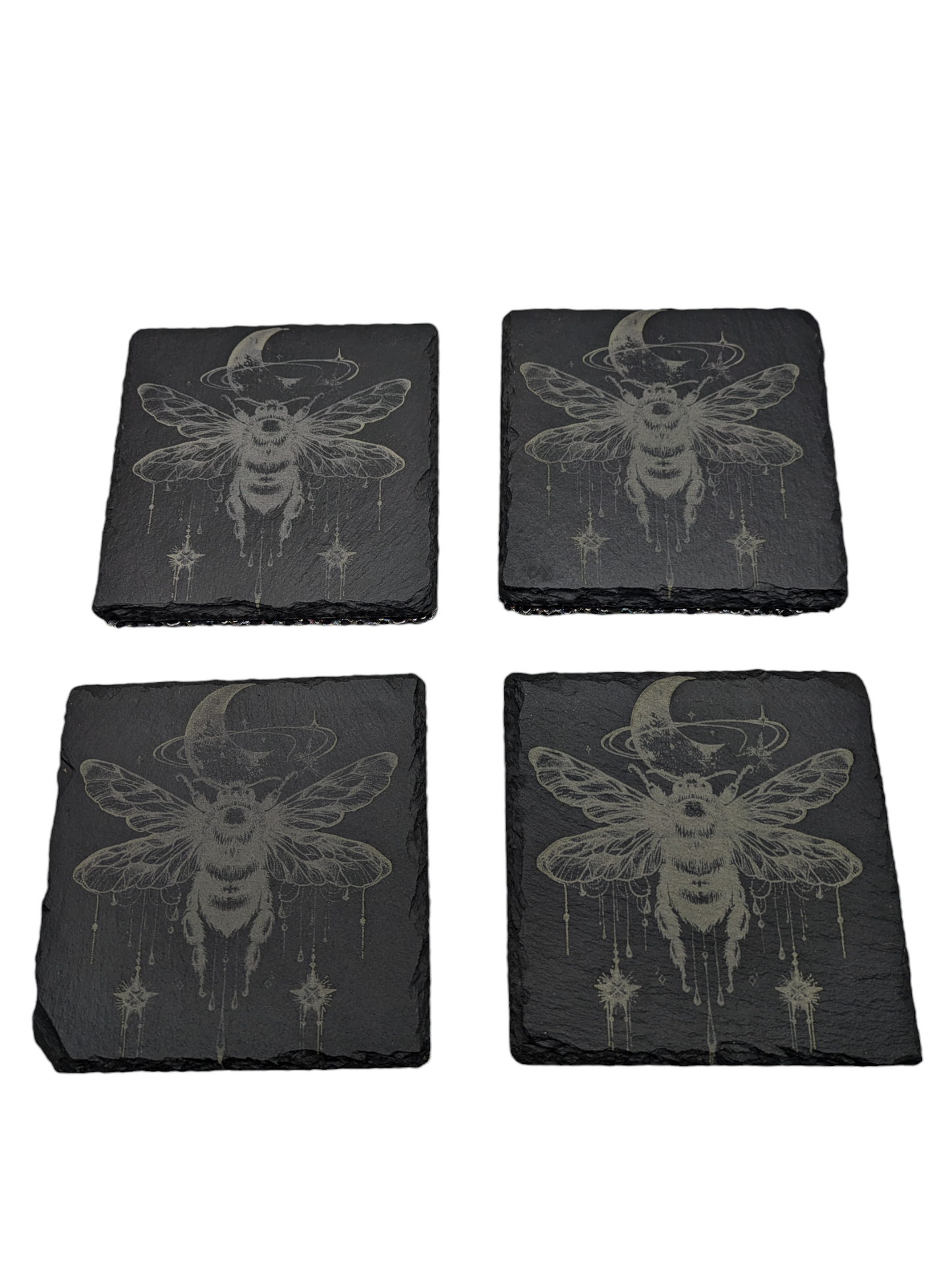 Set of 4 Slate Coasters with Etched Bee in Flight Design - 4x4x0.25 Inch - Handmade Slate Coasters