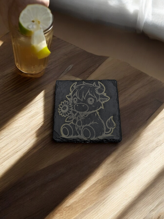 Set of 4 Slate Coasters with Etched Highland Cow Holding a Flower - 4x4x0.25 Inch - Handmade Slate Coasters