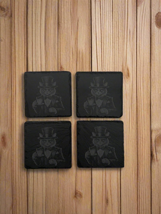 Business Cat in Tuxedo with Top Hat Slate Coaster Set of 4 - 4x4x0.25 Inch - Handmade Slate Drink Coasters – Perfect for Cat Lovers and Classy Decor