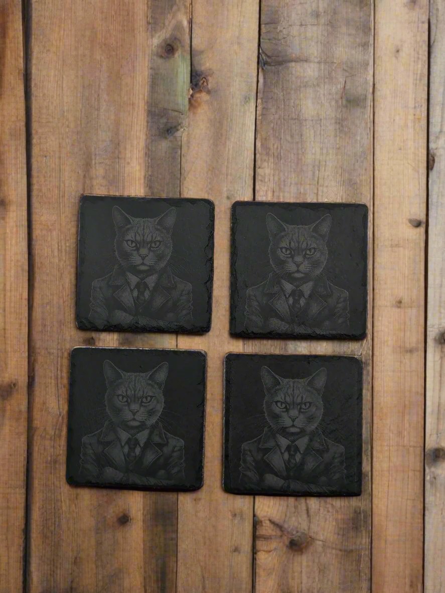 Business Cat in Suit Slate Coaster Set of 4 - 4x4x0.25 Inch - Handmade Slate Drink Coasters – Fun Office Gift