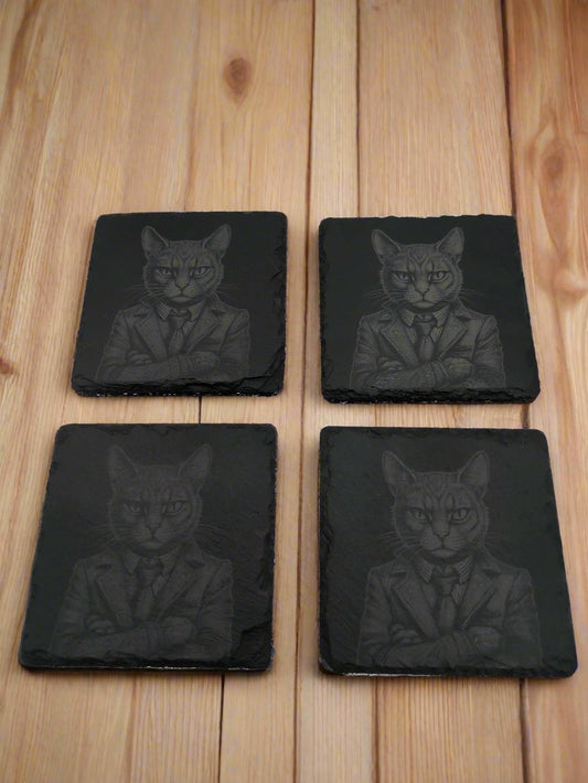 Stern Business Cat in Suit Slate Coaster Set of 4 - 4x4x0.25 Inch - Handmade Slate Drink Coasters – A Perfect Blend of Humor and Class