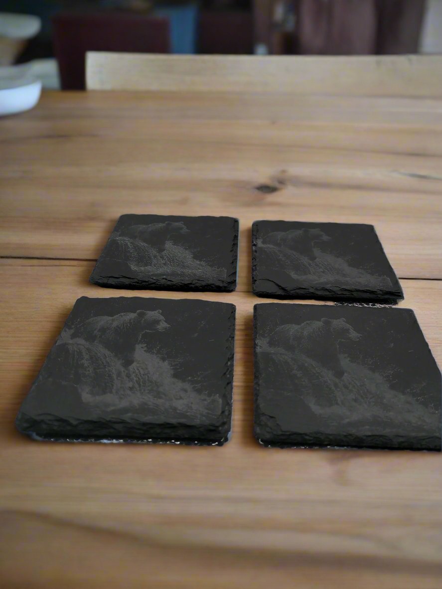 Realistic Bear at Waterfall Slate Coaster Set of 4 - 4x4x0.25 Inch - Handmade Slate Drink Coasters – Wilderness Decor