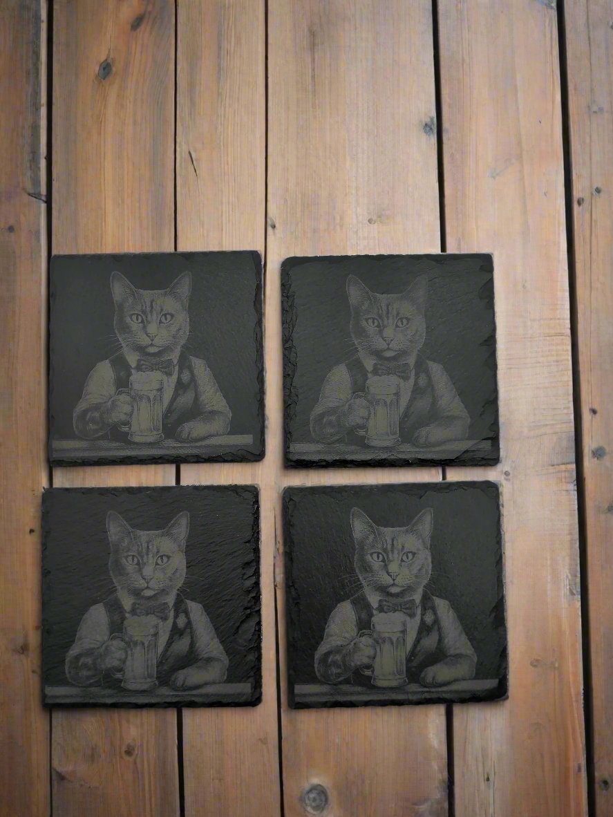 Bartender Cat Slate Coaster Set of 4 - 4x4x0.25 Inch - Handmade Slate Drink Coasters – Unique Cat Bar Decor