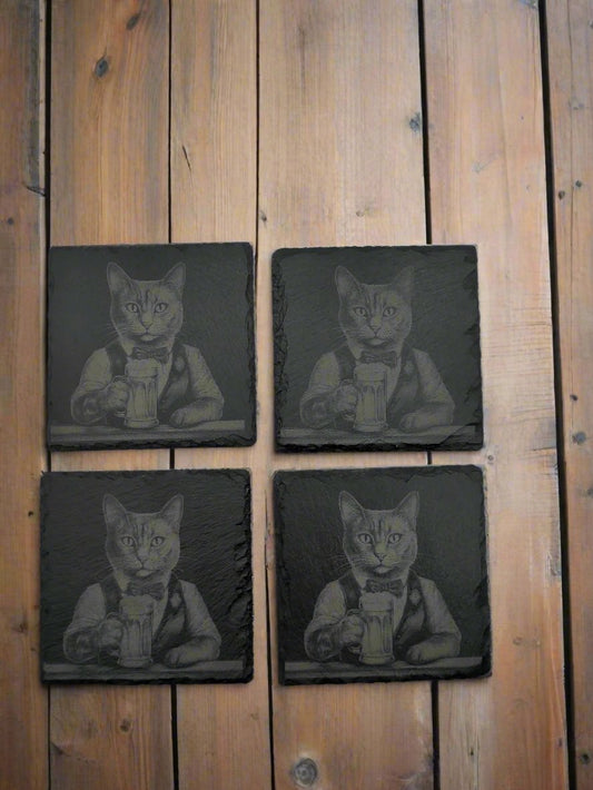 Bartender Cat Slate Coaster Set of 4 - 4x4x0.25 Inch - Handmade Slate Drink Coasters – Unique Cat Bar Decor