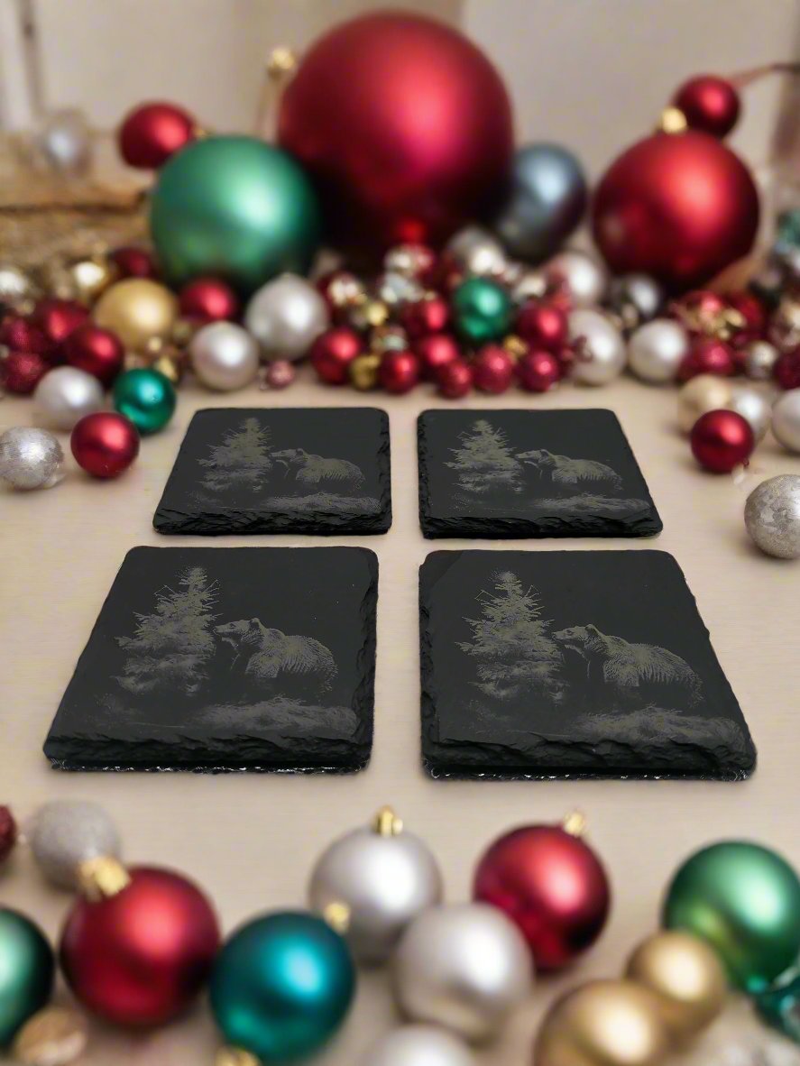 Bear with Tall Christmas Tree Slate Coaster Set of 4 - 4x4x0.25 Inch - Handmade Slate Drink Coasters – Rustic Holiday Decor