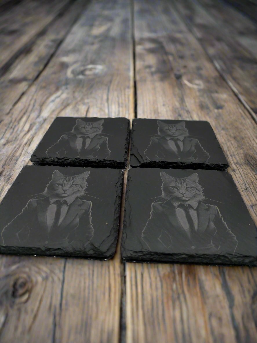 Business Cat Slate Coaster Set of 4 - 4x4x0.25 Inch - Handmade Slate Drink Coasters – Office Decor Gift