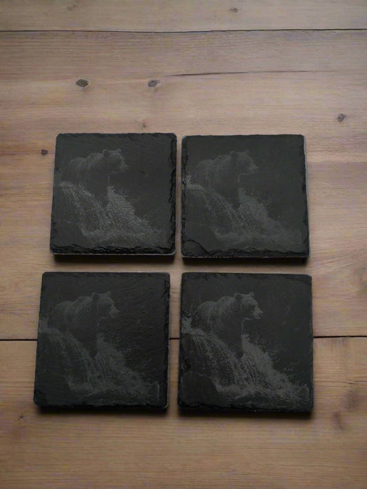 Realistic Bear at Waterfall Slate Coaster Set of 4 - 4x4x0.25 Inch - Handmade Slate Drink Coasters – Wilderness Decor