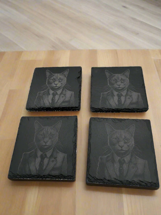 Sleek Cat in Business Suit Slate Coaster Set of 4 - 4x4x0.25 Inch - Handmade Slate Drink Coasters – Unique Gift for Cat Lovers