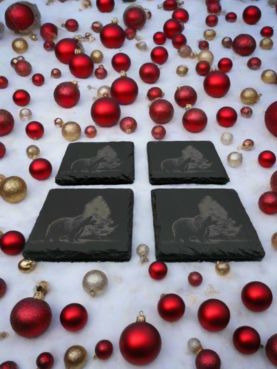 Curious Bear with Christmas Tree Slate Coaster Set of 4 - 4x4x0.25 Inch - Handmade Slate Drink Coasters – Rustic Holiday Decor