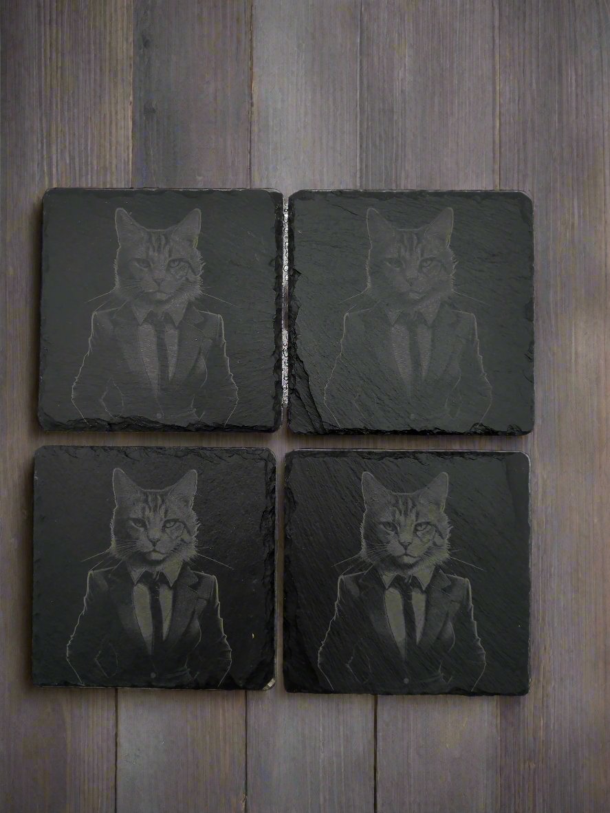 Business Cat Slate Coaster Set of 4 - 4x4x0.25 Inch - Handmade Slate Drink Coasters – Office Decor Gift