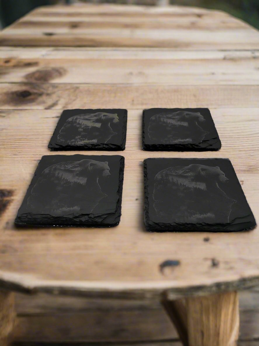 Bear with Landscape Reflection Slate Coaster Set of 4 - 4x4x0.25 Inch - Handmade Slate Drink Coasters – Nature Inspired Decor