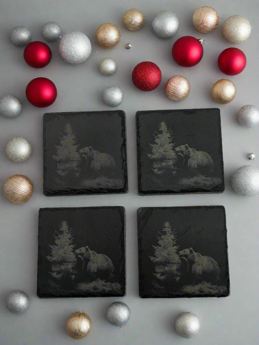 Bear with Tall Christmas Tree Slate Coaster Set of 4 - 4x4x0.25 Inch - Handmade Slate Drink Coasters – Rustic Holiday Decor