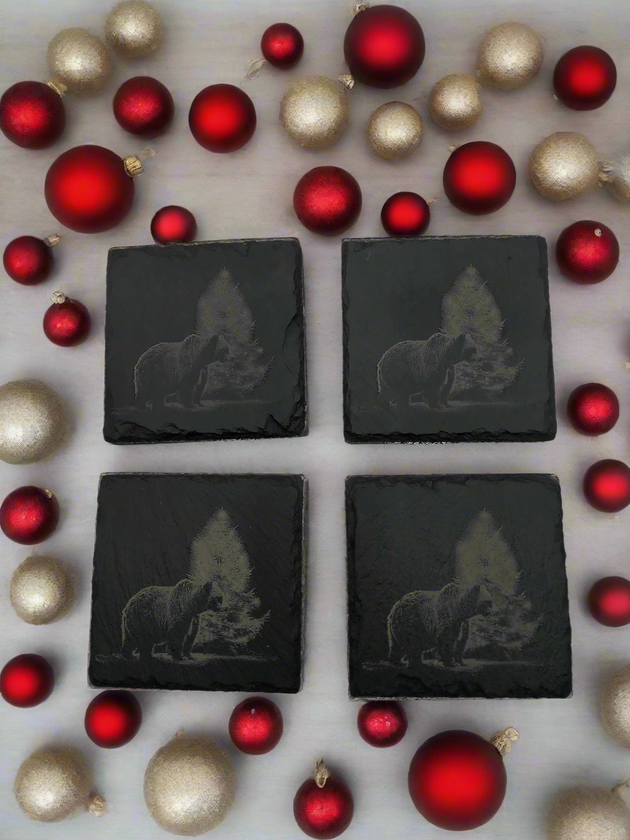 Curious Bear with Christmas Tree Slate Coaster Set of 4 - 4x4x0.25 Inch - Handmade Slate Drink Coasters – Rustic Holiday Decor