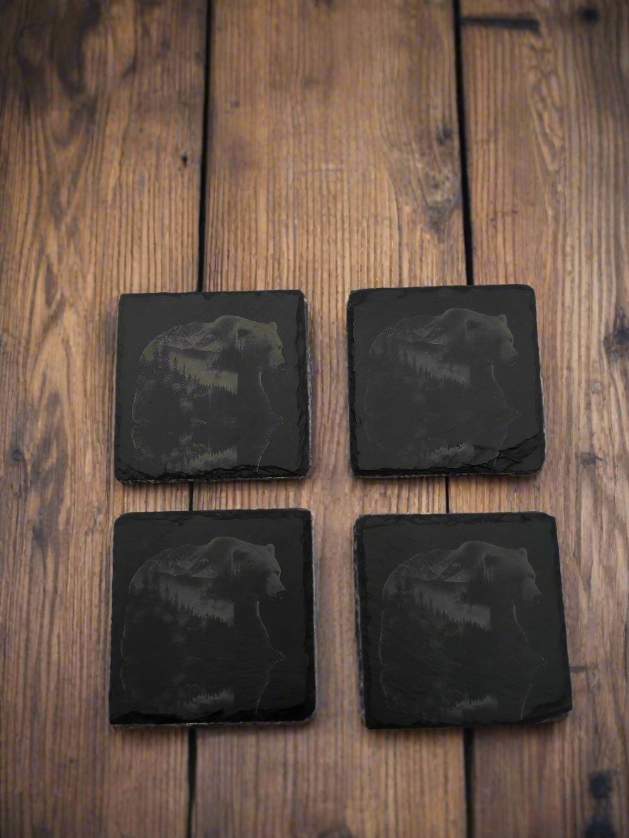 Bear with Landscape Reflection Slate Coaster Set of 4 - 4x4x0.25 Inch - Handmade Slate Drink Coasters – Nature Inspired Decor