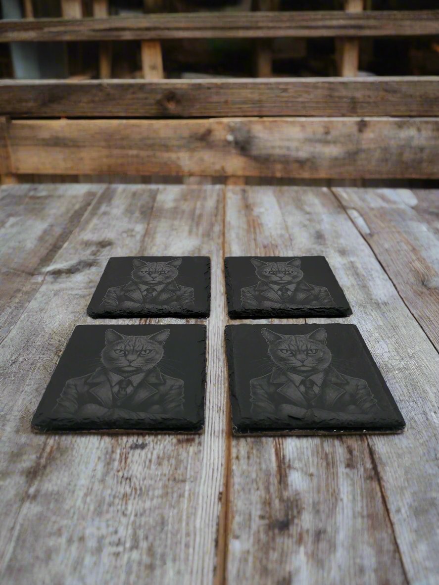 Business Cat in Suit Slate Coaster Set of 4 - 4x4x0.25 Inch - Handmade Slate Drink Coasters – Fun Office Gift