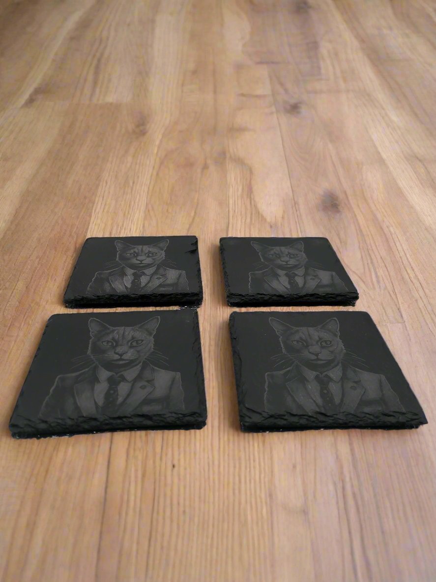 Sleek Cat in Business Suit Slate Coaster Set of 4 - 4x4x0.25 Inch - Handmade Slate Drink Coasters – Unique Gift for Cat Lovers