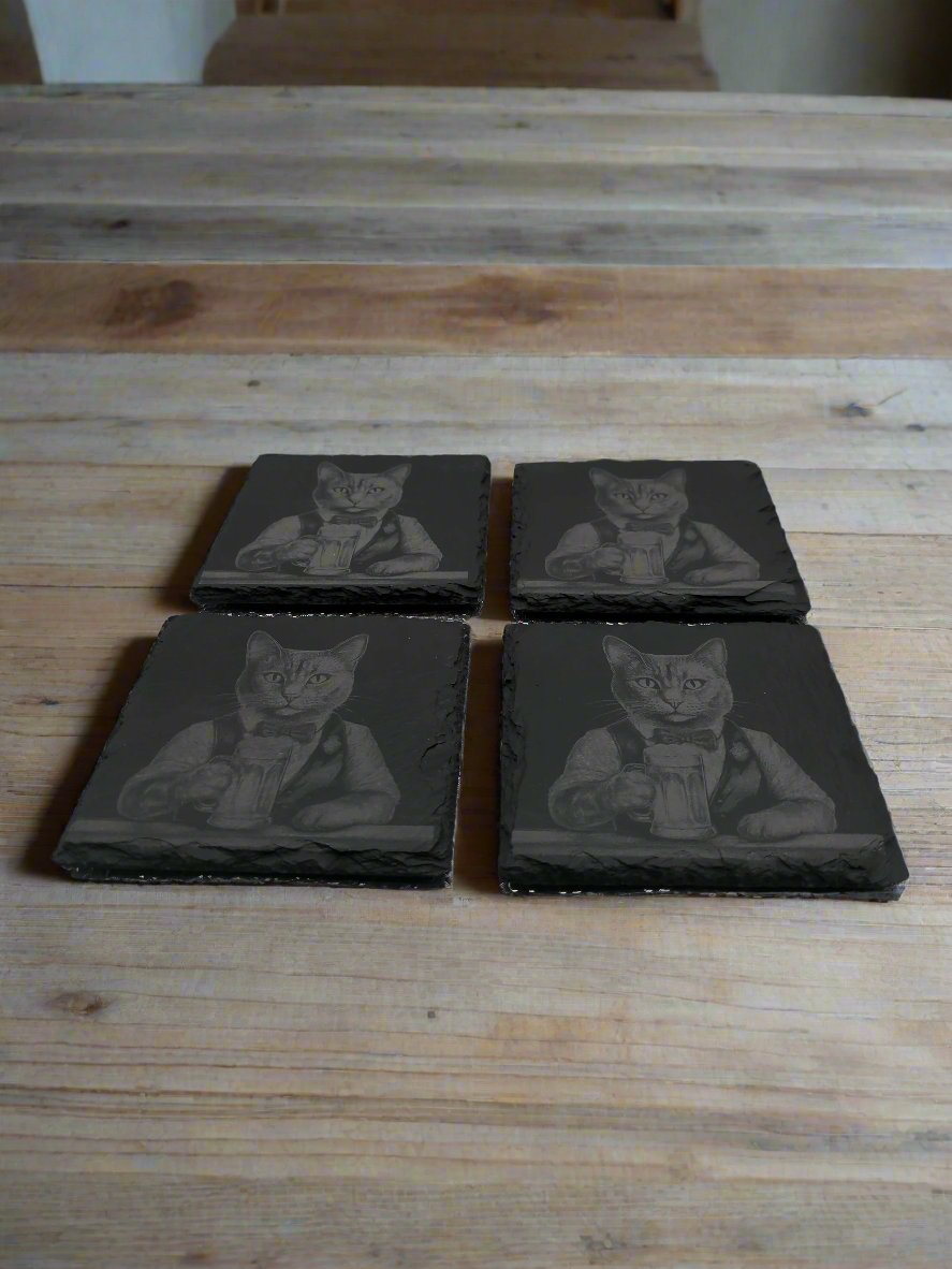 Bartender Cat Slate Coaster Set of 4 - 4x4x0.25 Inch - Handmade Slate Drink Coasters – Unique Cat Bar Decor