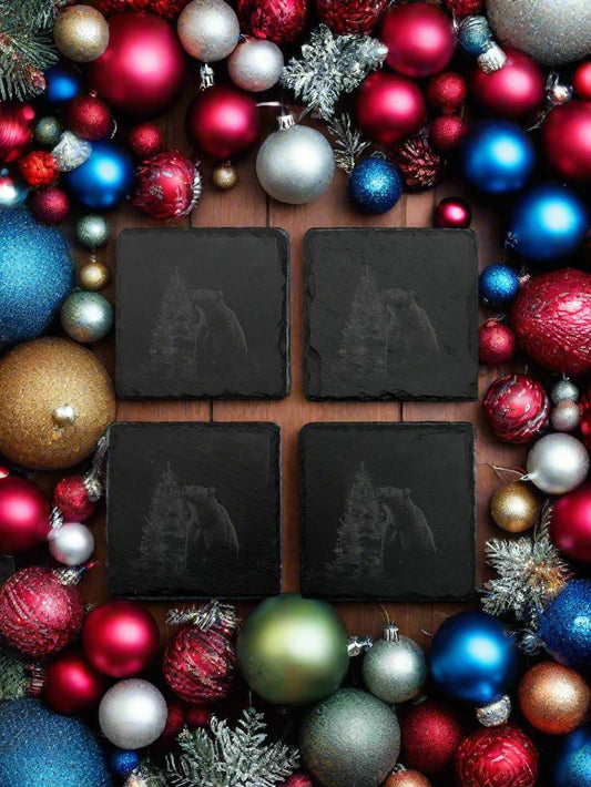 Bear with Christmas Tree Slate Coaster Set of 4 - 4x4x0.25 Inch - Handmade Slate Drink Coasters – Realistic Winter Forest Decor