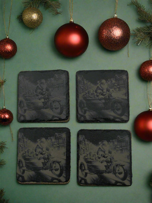 Santa’s Ride – Harley Christmas Coaster Set of 4 - 4x4x0.25 Inch - Handmade Slate Drink Coasters – Holiday Gift Idea