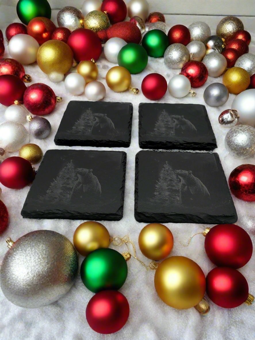 Bear with Christmas Tree Slate Coaster Set of 4 - 4x4x0.25 Inch - Handmade Slate Drink Coasters – Realistic Winter Forest Decor